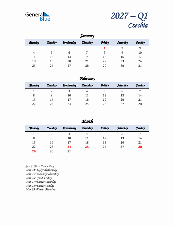 January, February, and March Calendar for Czechia with Monday Start