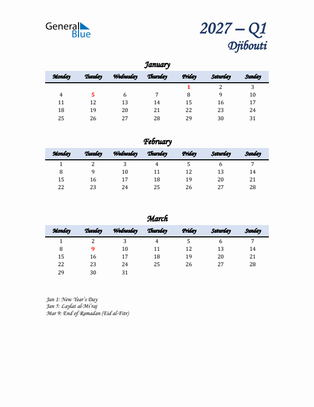 January, February, and March Calendar for Djibouti with Monday Start