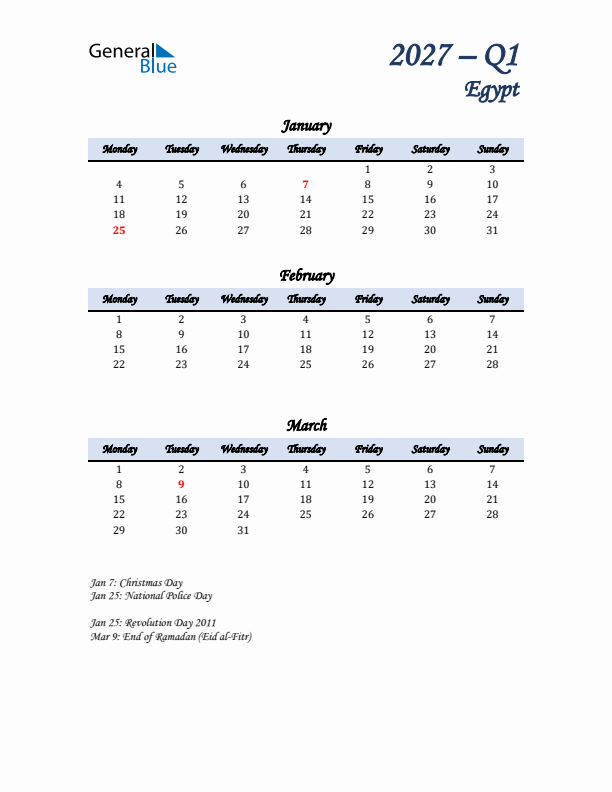 January, February, and March Calendar for Egypt with Monday Start