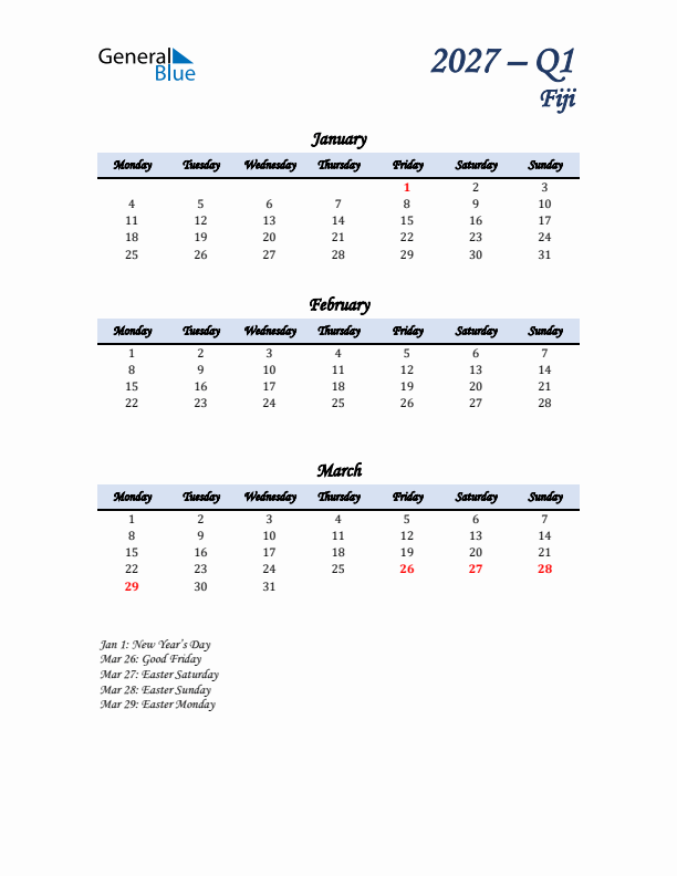January, February, and March Calendar for Fiji with Monday Start