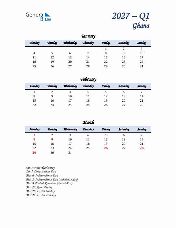 January, February, and March Calendar for Ghana with Monday Start