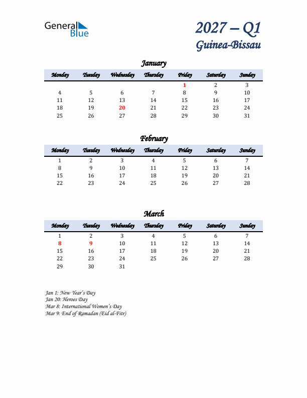 January, February, and March Calendar for Guinea-Bissau with Monday Start