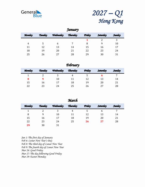 January, February, and March Calendar for Hong Kong with Monday Start