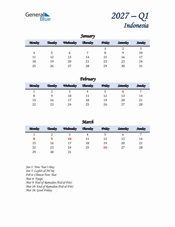 January, February, and March Calendar for Indonesia with Monday Start