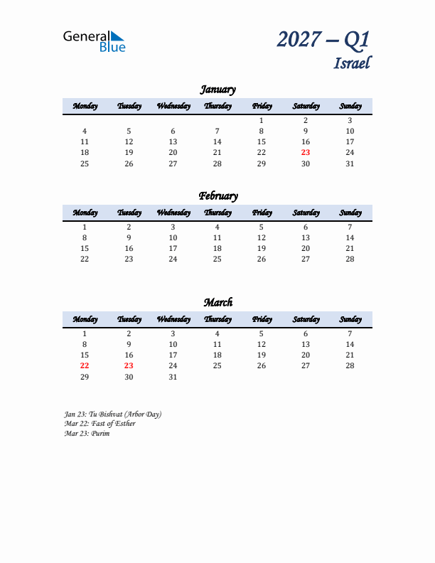 January, February, and March Calendar for Israel with Monday Start