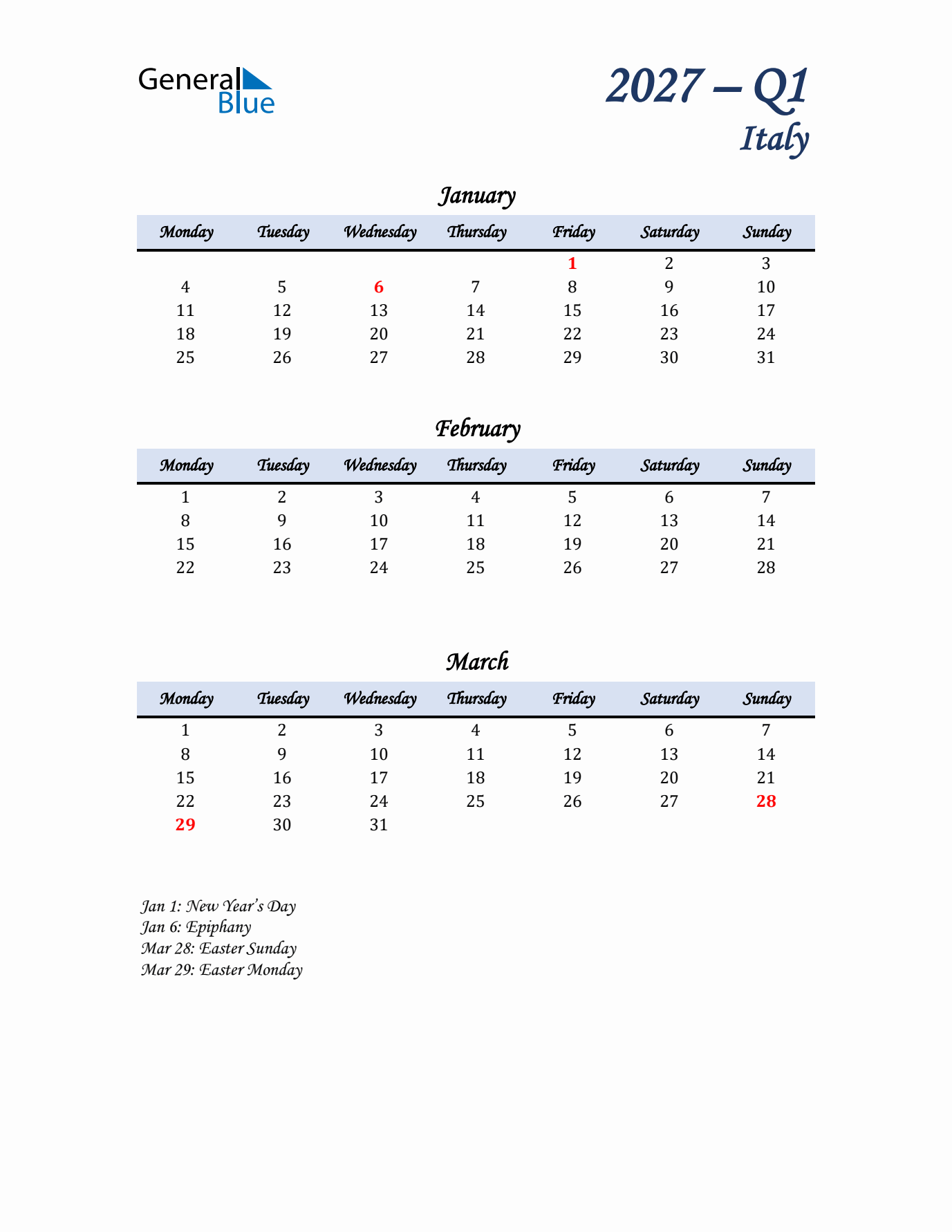 January, February, and March Calendar for Italy with Monday Start