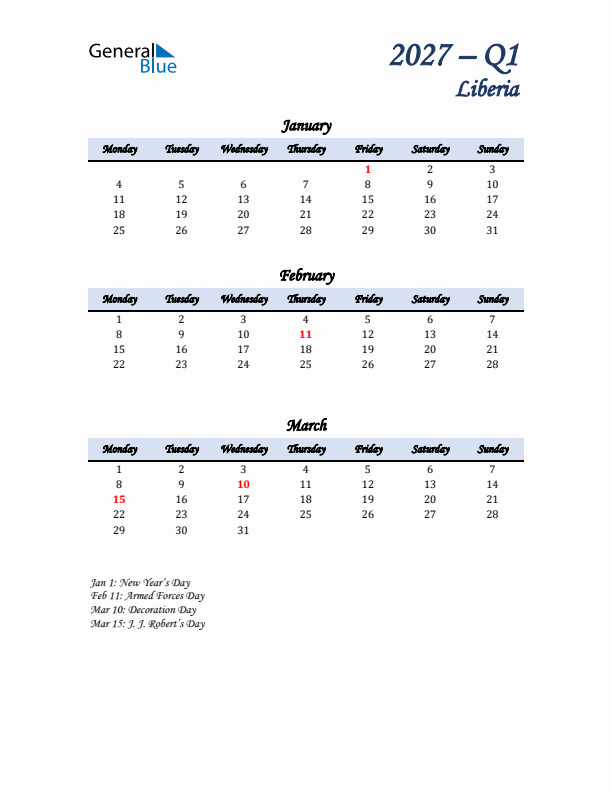 January, February, and March Calendar for Liberia with Monday Start