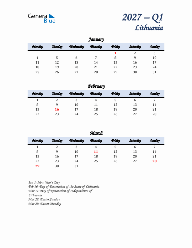 January, February, and March Calendar for Lithuania with Monday Start