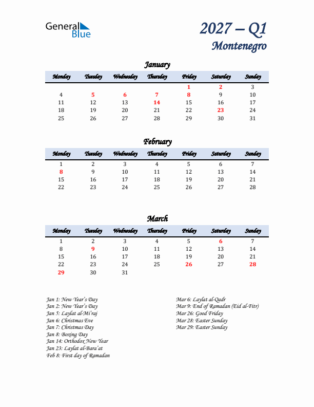 January, February, and March Calendar for Montenegro with Monday Start