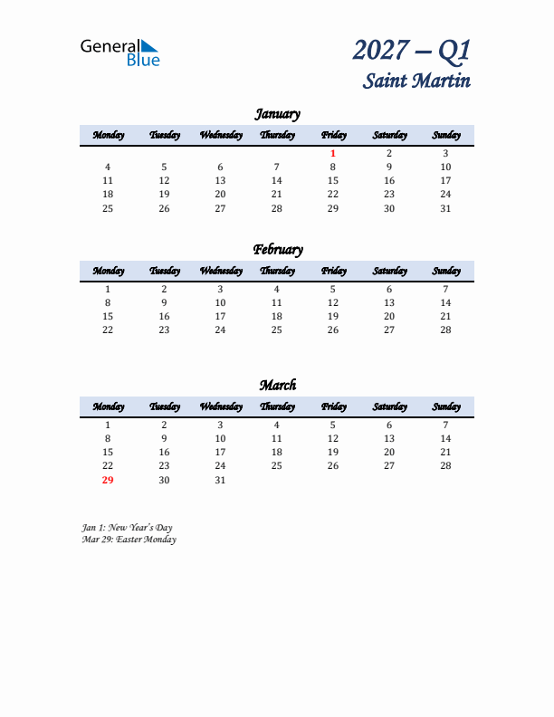 January, February, and March Calendar for Saint Martin with Monday Start
