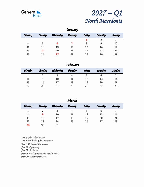 January, February, and March Calendar for North Macedonia with Monday Start