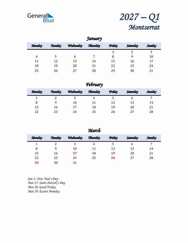 January, February, and March Calendar for Montserrat with Monday Start