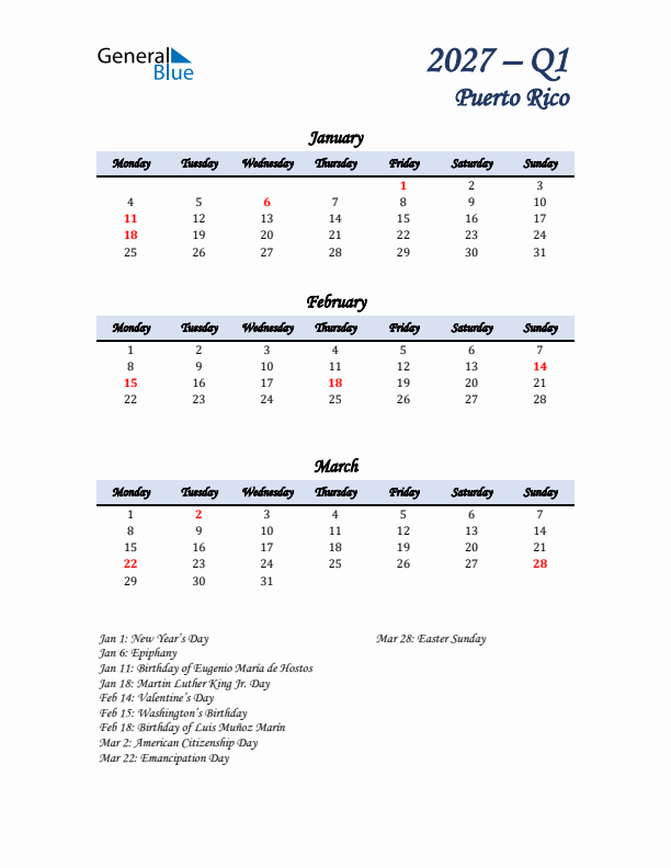 January, February, and March Calendar for Puerto Rico with Monday Start