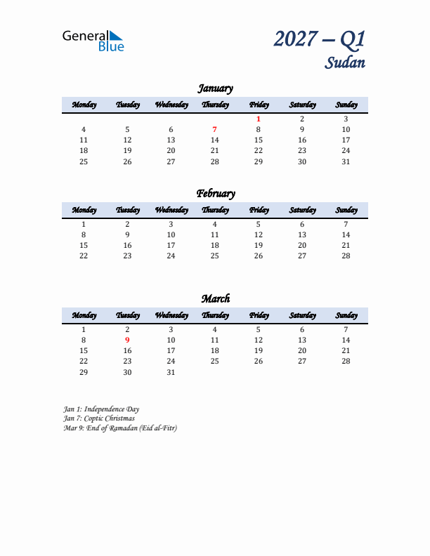 January, February, and March Calendar for Sudan with Monday Start