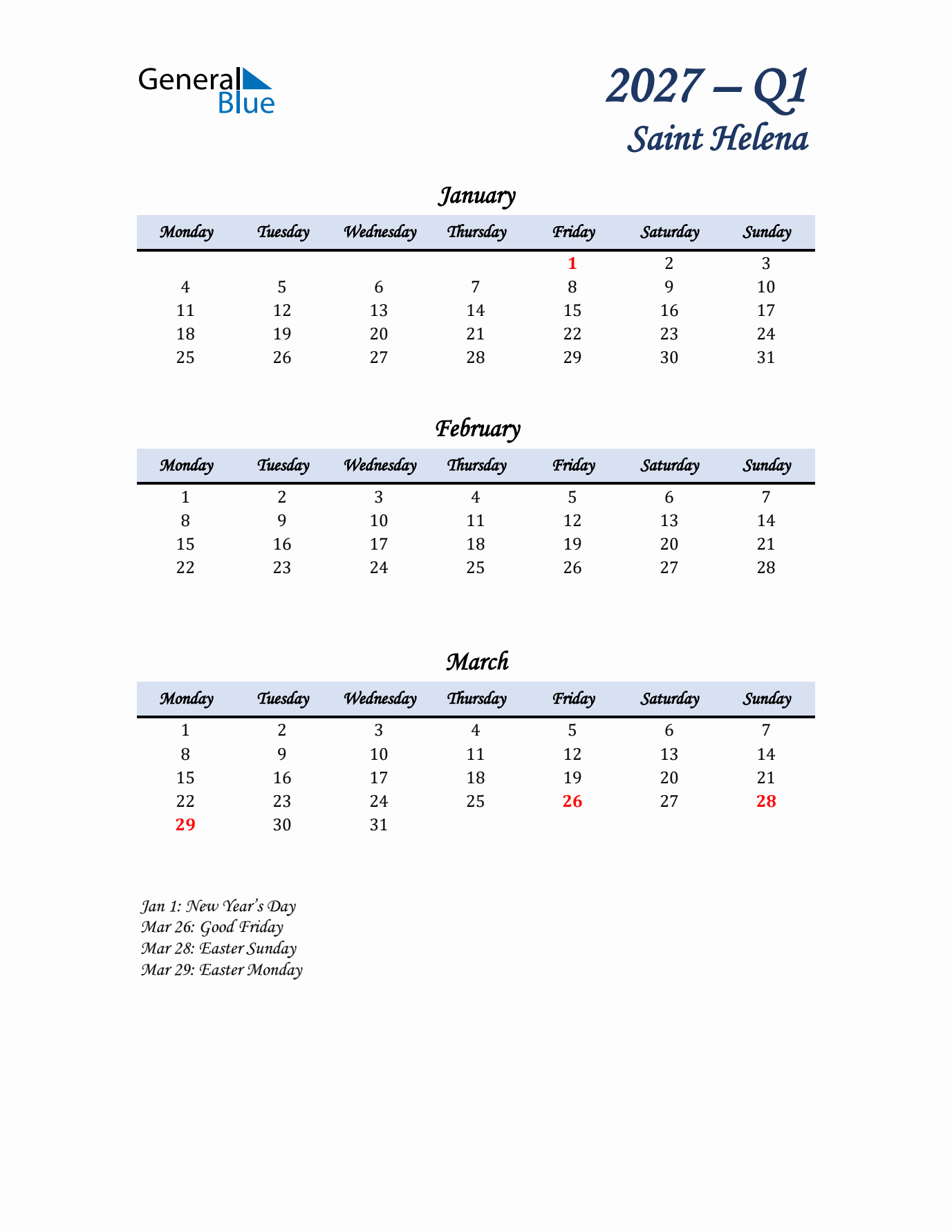 January, February, and March Calendar for Saint Helena with Monday Start