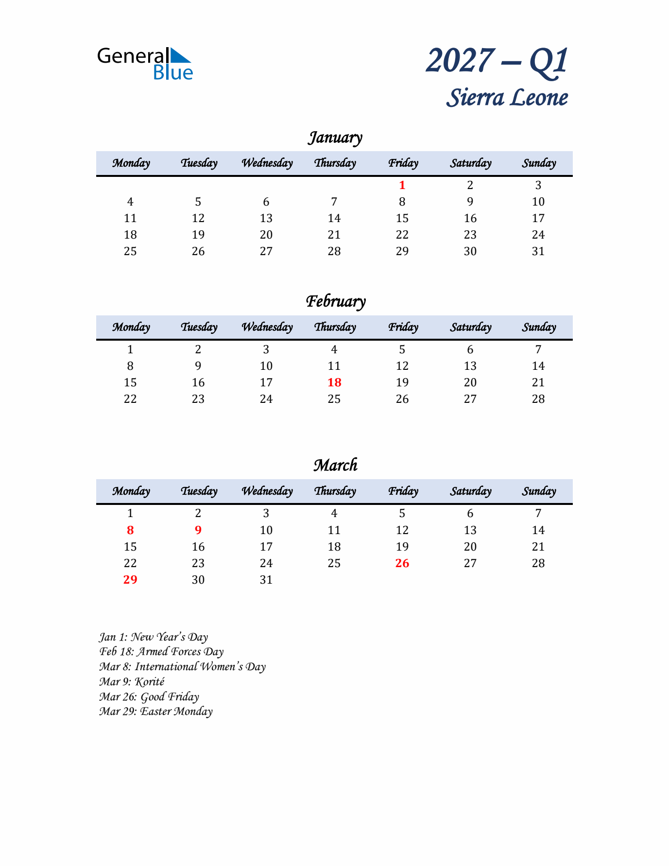 January, February, and March Calendar for Sierra Leone with Monday Start