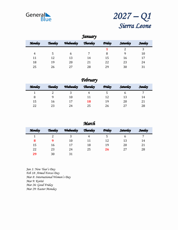 January, February, and March Calendar for Sierra Leone with Monday Start