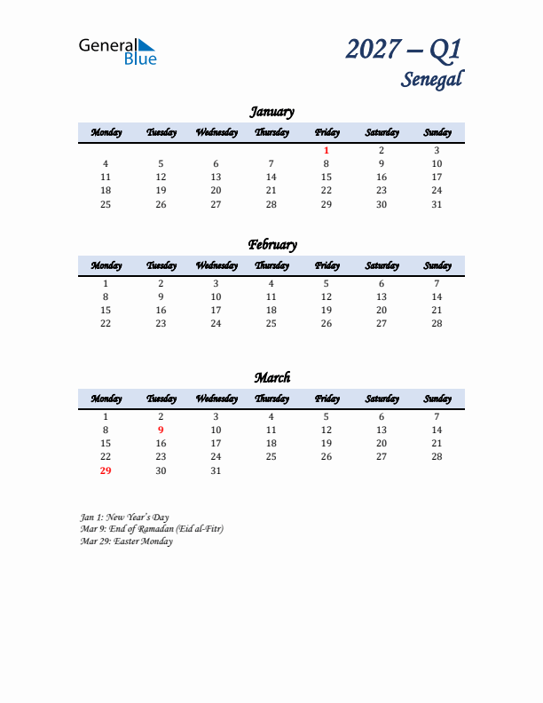 January, February, and March Calendar for Senegal with Monday Start