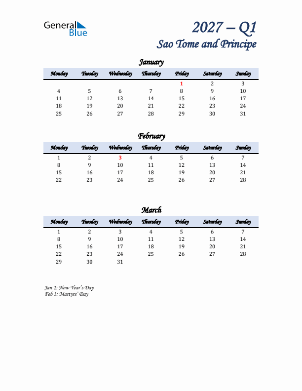 January, February, and March Calendar for Sao Tome and Principe with Monday Start
