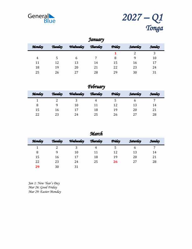 January, February, and March Calendar for Tonga with Monday Start