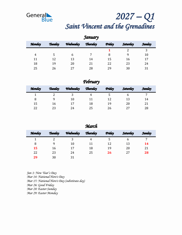 January, February, and March Calendar for Saint Vincent and the Grenadines with Monday Start