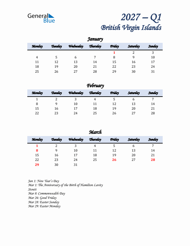 January, February, and March Calendar for British Virgin Islands with Monday Start