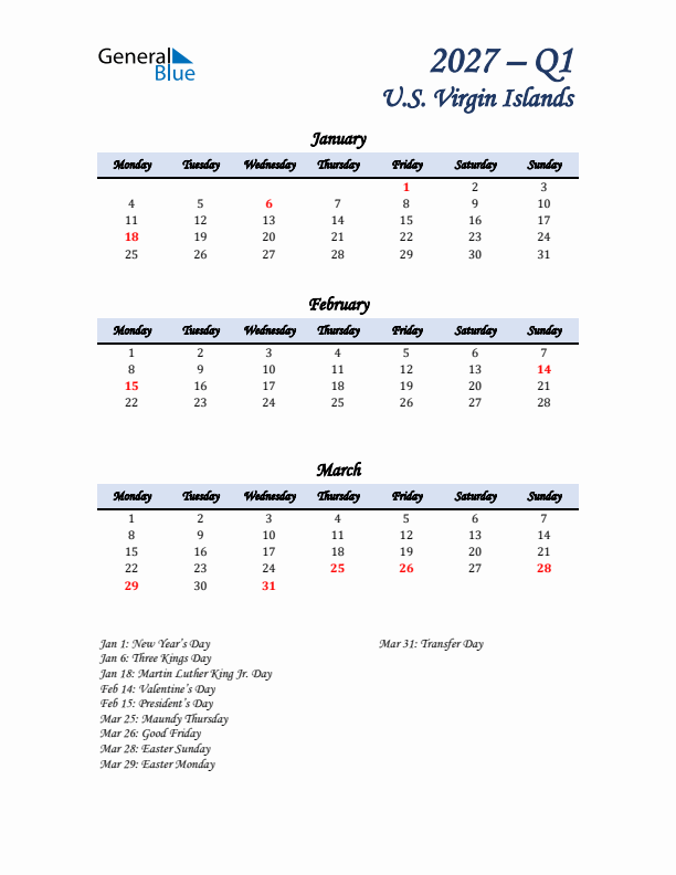 January, February, and March Calendar for U.S. Virgin Islands with Monday Start
