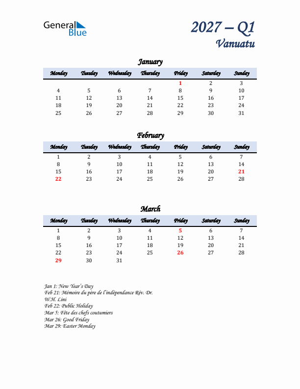 January, February, and March Calendar for Vanuatu with Monday Start