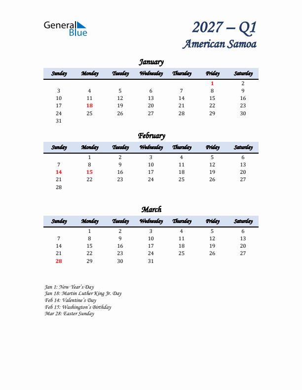 January, February, and March Calendar for American Samoa with Sunday Start