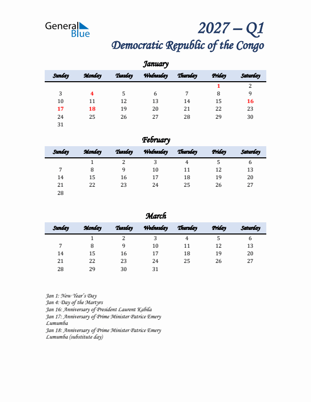 January, February, and March Calendar for Democratic Republic of the Congo with Sunday Start
