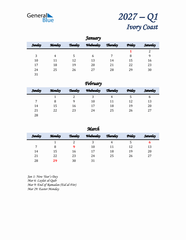 January, February, and March Calendar for Ivory Coast with Sunday Start