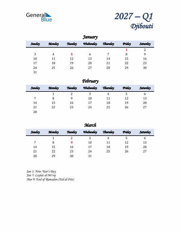 January, February, and March Calendar for Djibouti with Sunday Start