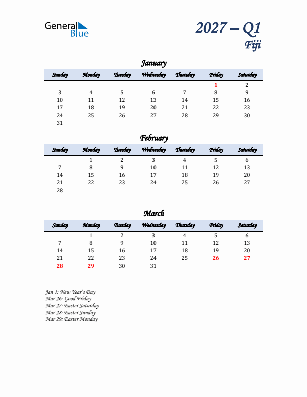 January, February, and March Calendar for Fiji with Sunday Start