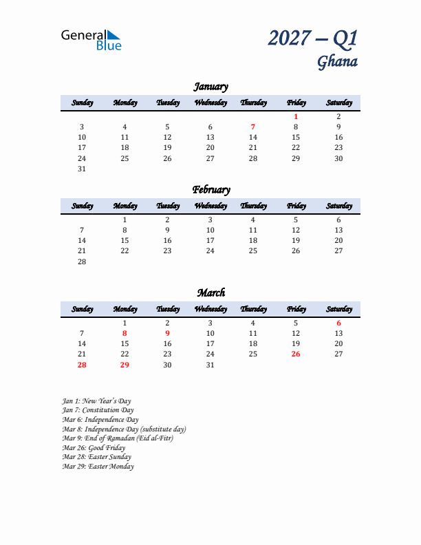 January, February, and March Calendar for Ghana with Sunday Start