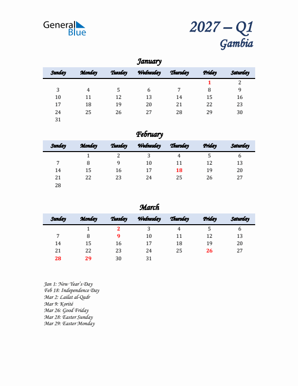 January, February, and March Calendar for Gambia with Sunday Start