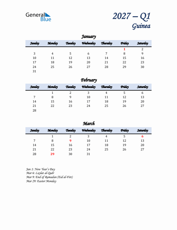 January, February, and March Calendar for Guinea with Sunday Start