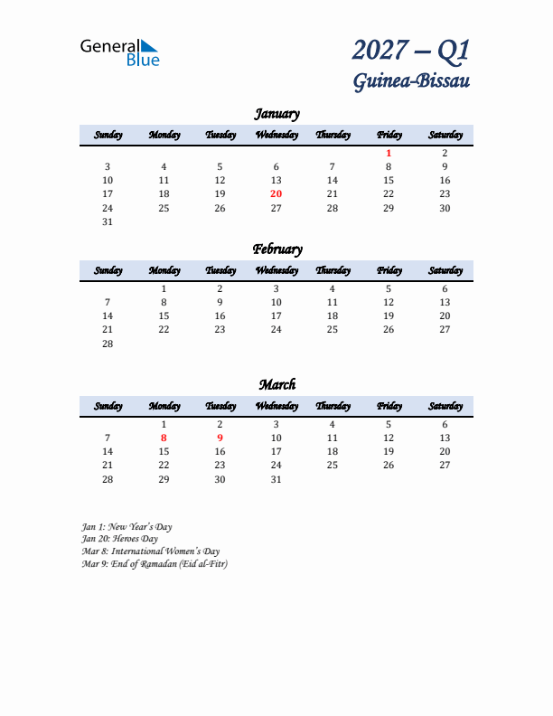 January, February, and March Calendar for Guinea-Bissau with Sunday Start