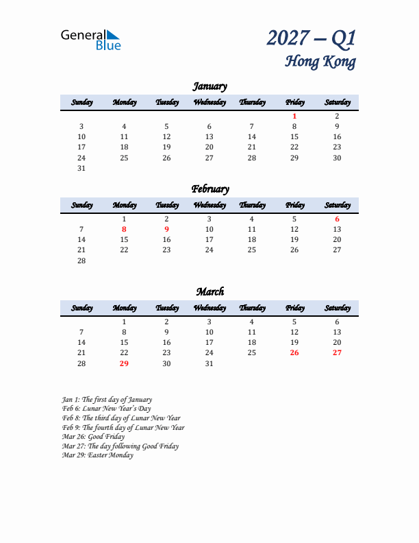 January, February, and March Calendar for Hong Kong with Sunday Start