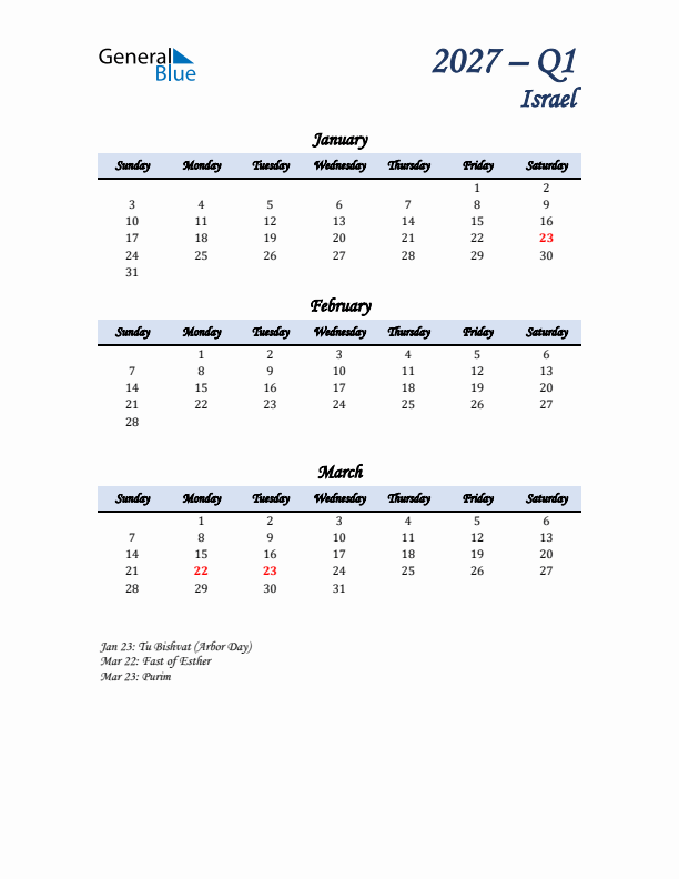 January, February, and March Calendar for Israel with Sunday Start