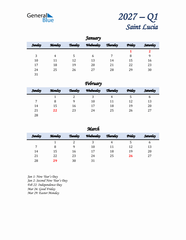January, February, and March Calendar for Saint Lucia with Sunday Start