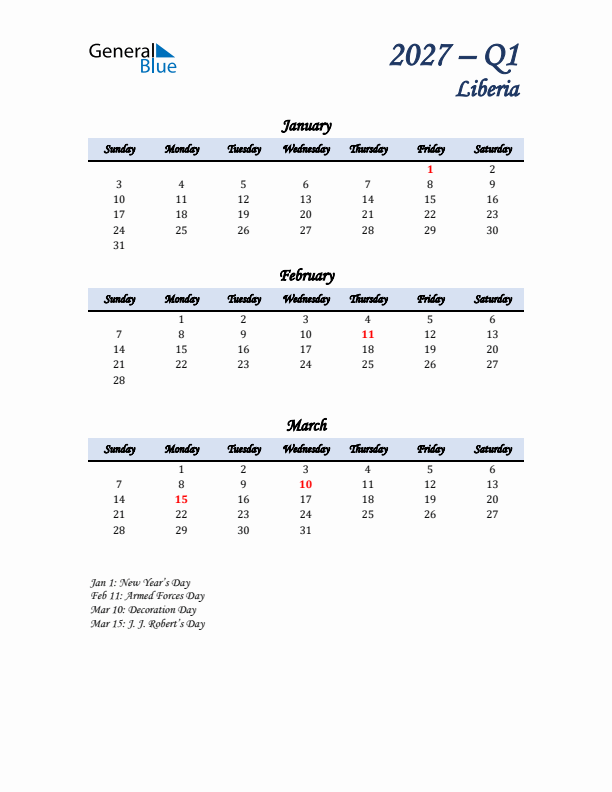 January, February, and March Calendar for Liberia with Sunday Start