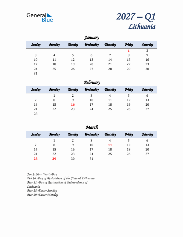January, February, and March Calendar for Lithuania with Sunday Start