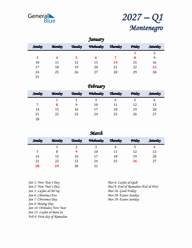 January, February, and March Calendar for Montenegro with Sunday Start