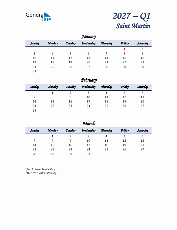 January, February, and March Calendar for Saint Martin with Sunday Start