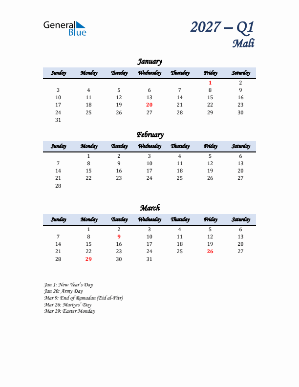 January, February, and March Calendar for Mali with Sunday Start