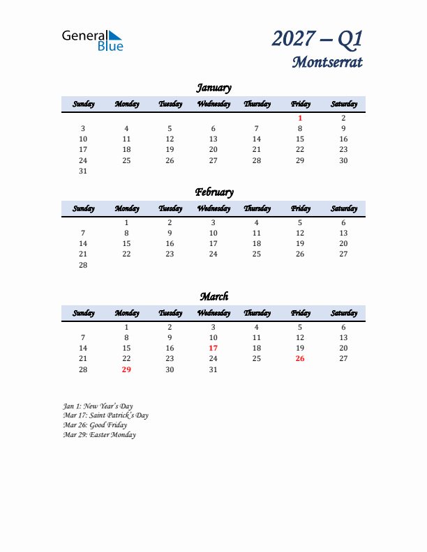 January, February, and March Calendar for Montserrat with Sunday Start