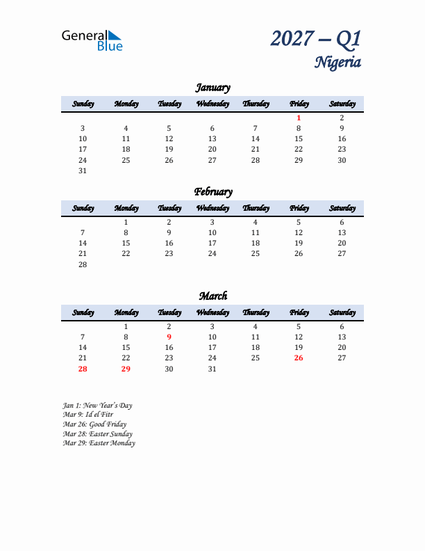 January, February, and March Calendar for Nigeria with Sunday Start