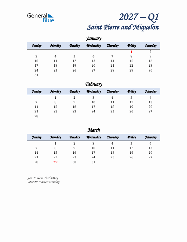 January, February, and March Calendar for Saint Pierre and Miquelon with Sunday Start