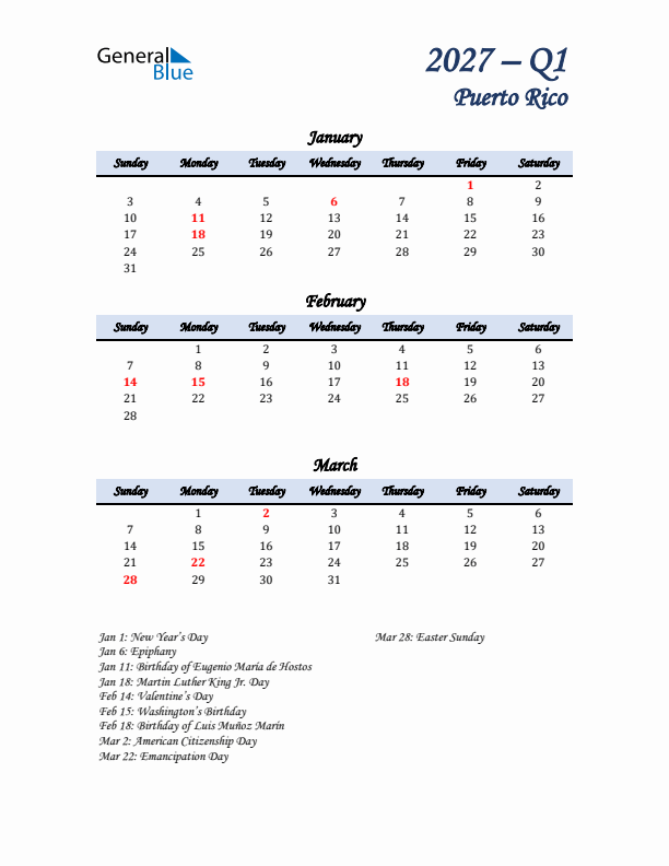 January, February, and March Calendar for Puerto Rico with Sunday Start