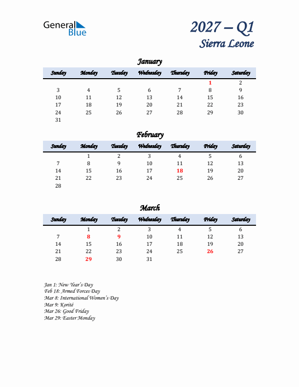 January, February, and March Calendar for Sierra Leone with Sunday Start